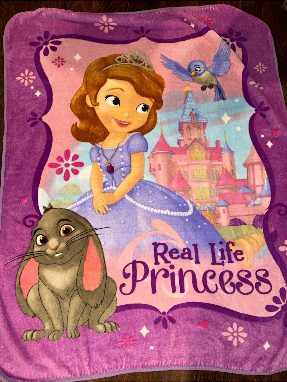 Disney Sofia the First plush throw blanket featuring Sofia and Clover the Rabbit